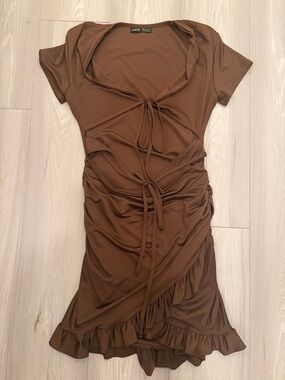 SHEIN Chocolate Brown Ruched Tie-Front Ruffle Dress